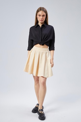 Nurören Flamlı Keten Parçalı Kısa Kloş Kadın Etek-ekru-02 Ekru