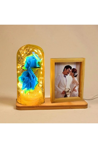 Kişiye Özel Led'li Ahşap Güllü Cam Fanus Çerçeve