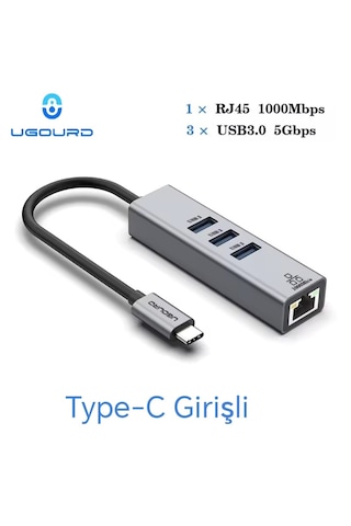 Ugourd 1000-mbps Rj45 Ethernet Dönüştürücü Adaptör Type-c Giriş+3 Adet 3.0 Usb Girişi Ce Lisanslı Sağlam Gigabit 1000mbps Rj45 Ethernet Dönüştürücü Adaptör