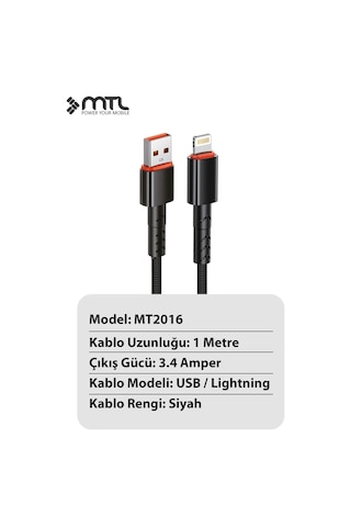 3.4a Usb To Apple Uyumlu iPhone Lightning Hasır Hızlı Şarj Ve Data Aktarım Kablosu 1 Metre Siyah Mt2016