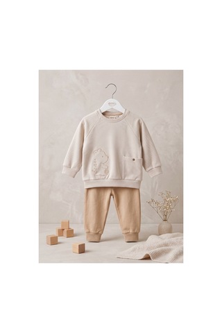 Deniva Kids Bebek Bej Ayıcık Nakışlı Cepli Sweatshirt Ve Ribanalı Eşofman Alt Üst Takım