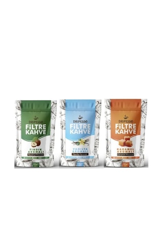 Dripesso Kahve Öğütülmüş Filtre Kahve Fındık Aromalı 250 Gr & Vanilya Aromalı 250 Gr & Karamel Aromalı 250 Gr Dripesso Kahve Öğütülmüş Filtre Kahve Fındık Aromalı 250 Gr & Vanilya Aromalı 250 Gr & Karamel Aromalı 250 Gr