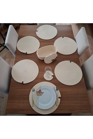 Açık Krem 6 Kişilik 13 Parça Amerikan Servis, Hasır Supla Takımı, Açık Krem