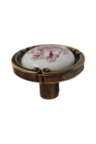 Porselen Düğme Kulp Metal Antiksarı Beyaz Motifli 02 / 5 Adet Sarı