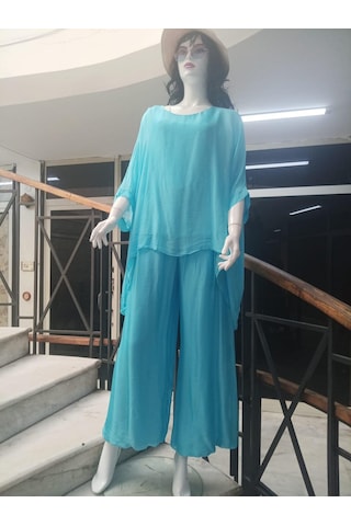Bohem Stil İtalyan Yarasa Kol İpek Bluz & Pantolon Takım-8767 Turkuaz