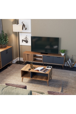 Mezza Set 1581-2070-1620 Exxen (AHŞAP AYAKLI) Tv Ünitesi - Orta Sehpa - Konsol Seti Ürgüp - Antrasit