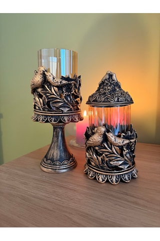 Kuşlu Ayaklı Ve Kapaklı Dekoratif Cam Mumluk & Şekerlik Seti Siyah Altın Varak Eskitme 2'li Şamdan & Kavanoz 27x12 Cm & 23x12 Cm Çok Renkli 08224044