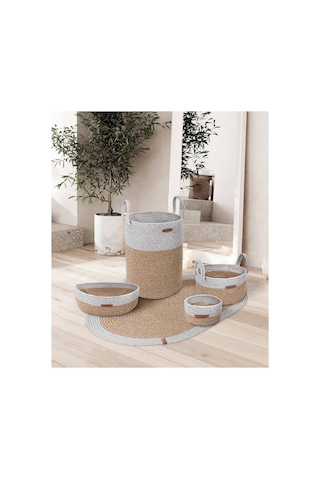 Koza Home Cesta El Yapımı Pamuklu Natural Gri Hasır Dekoratif Sepet 25cmx45