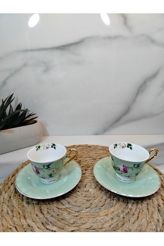 Vanilla New Bone China Kahve Fincanı 2 Kişilik Açık Yeşil
