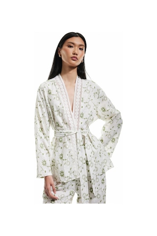 Koton Pamuklu Floral İşlemeli Fisto Kruvaze Oversize Kimono Ceket Yeşil Desenli 5sak50029pw Yeşil Desenli