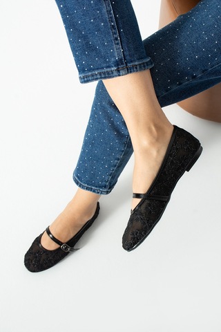 Dabab Shoes Lorena Kadın Siyah Çiçek Nakışlı Tül Mary Jane Babet