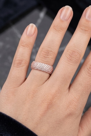 925 Ayar Gümüş Yüzük 5 Sıra Tamtur Yüzük - Zirkon Taşlı Kalın Rose Pırlanta Işıltılı Fantezi Yüzük Lüks Alyans Barcode Pembe Altın
