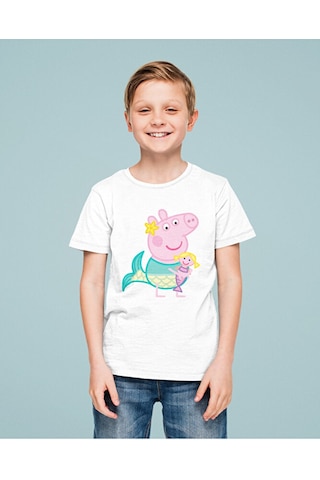 Sevbano Unisex Peppa Pig Baskılı Çizgi Film Çocuk Tişört 1-12 Yaş beyaz