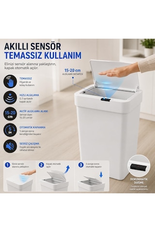 Tr 50 Litre Sensörlü Çöp Kovası, Otomatik Temassız Akıllı Çöp Kutusu, Dokunmatik Açma Özellikli, Sessiz Kapa