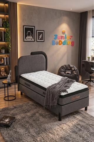 Junior Bedding 100x200 Tek Kişilik Yatak, Baza, Baza Başlık Seti Ortopedik Yataklı Sandıklı Baza 3 Lü Set Gri 100 x 200