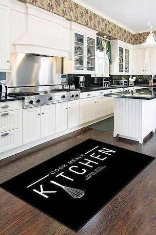 Siyah Kaymaz Tabanlı Kitchen Yazılı Mutfak Halısı Ar019n11