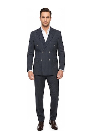 İtalyan Kesim Lacivert Kruvaze Takım Elbise Modern Slim Fit Çizgili Kumaş Detaylı Lacivert