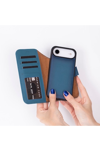 Bloomcase Magic Wallet Midnight Blue Hakiki Deri İphone Uyumlu 17air 6.5" Cüzdanlı Telefon Kılıfı Mavi