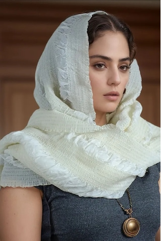 Rosehan Collection El Dokuması Krem İpek Şal - Gofreli - Ödemiş İpeği