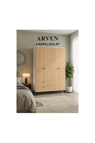Arven 4 Kapılı 2 Çekmeceli Dolap, Gardrop Meşe - Beyaz