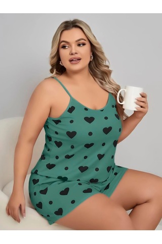 Senoramoda Büyük Beden Yeşil Kalp Desen Pamuklu Şortlu Pijama Takımı