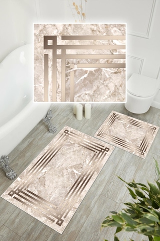 Dijital Baskı Mermer Desen Kaymaz Taban 2li Set Banyo Paspası Klozet Takımı 50x60cm-60x100cm Kahverengi