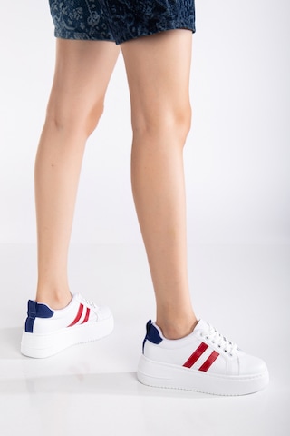 Erceka Kadın Spor Ayakkabı Sneaker Günlük Kullanıma Uygun Beyaz-siyah-kırmızı,mavi Bağcıklı Beyazkırmızımavi