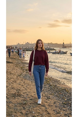Luxıc Core Kadın Crop Bisiklet Yaka Sweatshirt Pamuklu Yumuşak Dokulu Günlük Spor Sweatshirt Bordo