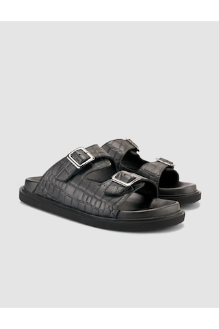 %100 Hakiki Deri Croco Desen Siyah Erkek Terlik Siyah