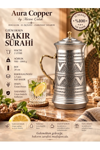 2 Litre Kapaklı İçi Kalaylı El İşlemeli Bakır Sürahi