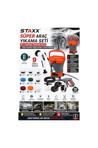 Staxx Süper Araç Yıkama Seti 70 Bar Basınçlı Oto Yıkama + 9 Başlıklı Şarjlı Temizlik Fırçası Pro