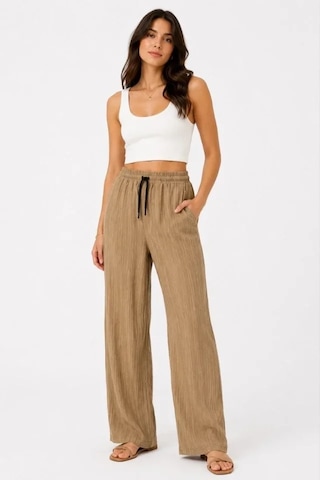 Defymoda 2li Bürümcük Kumaş Beli Lastikli Bağcıklı Bol Paça Pantolon - Beyaz/vizon Çok Renkli