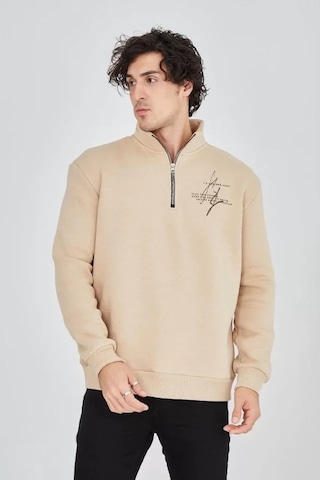 Etiler Collection Erkek Yarım Fermuarlı Baskılı Sweat - Bej