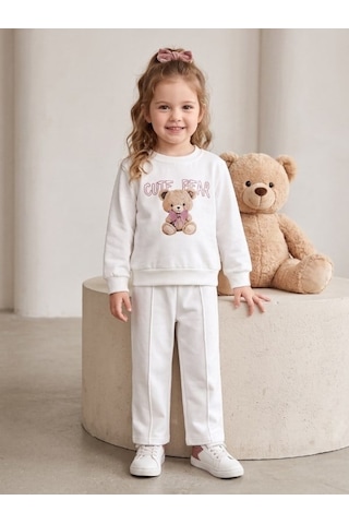 Zekids Kız Çocuk Beyaz Ayıcık Baskılı Bisiklet Yaka Eşofman Takımı-17433