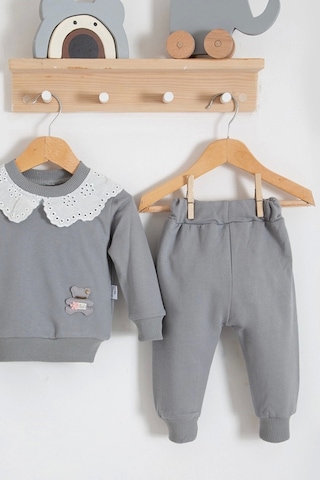 Babydonat Dantel Yakalı Pamuklu 2'li Kız Bebek Takımı Gri