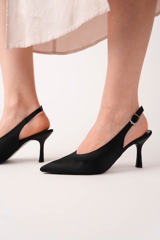 Esatsani Siyah Saten Sivri Burun Arka Açık 9 Cm Topuk Vısıon Stiletto Kadın Ayakkabı Siyah Saten