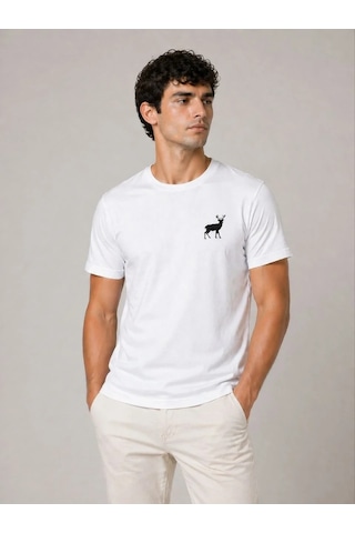Mzpkartan Erkek Minimal Geyik Logolu Tişört Bisiklet Yaka Kısa Kol Yazlık T-shirt - Beyaz Çok Renkli