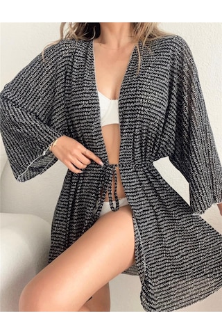 Pink Life Siyah Tül Üzeri Golf Baskılı Likralı Kimono Tarzı Pareo-siyah Siyah