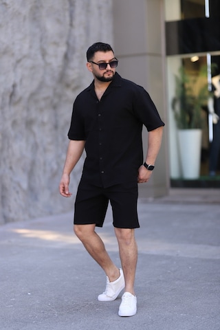 Çağla Yeşili Renk Gömlek Şort Erkek Keten Takım Oversize Kalıp Siyah