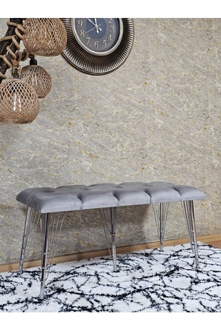 Zafir Metal Krom Tel Ayaklı 100 Cm Puf Bench - Puf - Bench - Oturak - Mutfak Oturağı - Antre Oturağı Gri