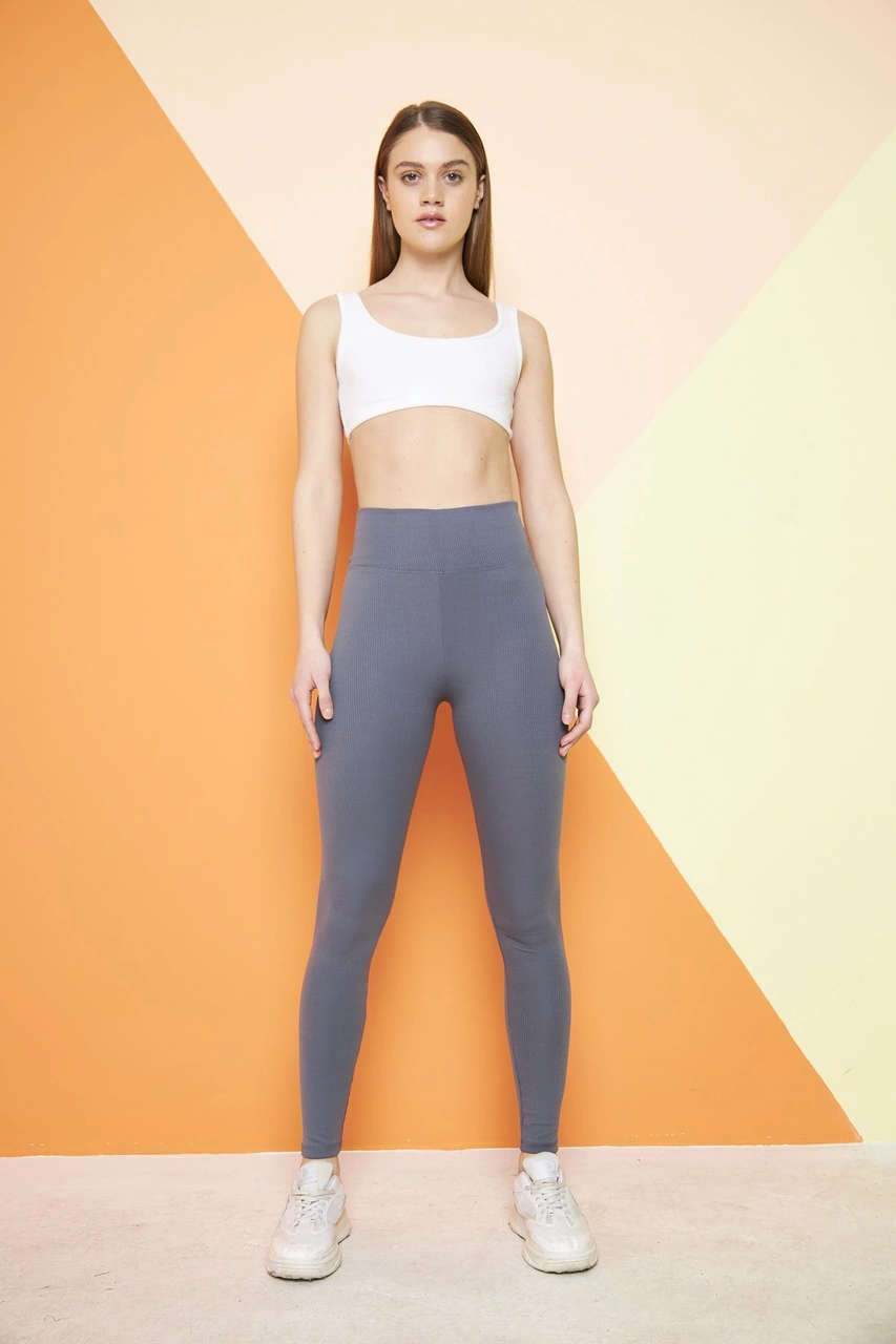 Bej Yüksek Bel Fitilli Toparlayıcı Interlok Örme Spor Dar Paça Kadın Tayt Antrasit