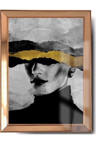 Gold Çerçeveli Varak Detaylı Gold Black Kadın Cam Ayna Çerçeveli Tablo