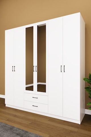 Asra Trend 6 Kapaklı Gardırop G-05 %100 MDF 2 Çekmeceli Aynalı Elbise Dolabı Beyaz