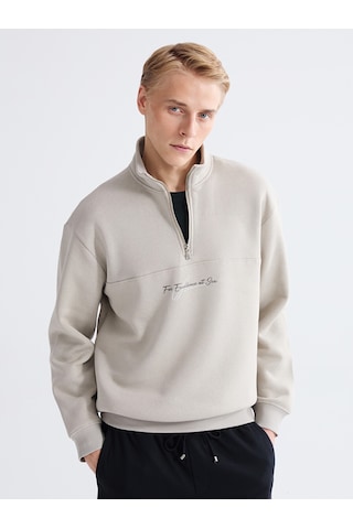 Lcw Vision Bej Dik Yaka Baskılı Erkek Kalın Sweatshirt