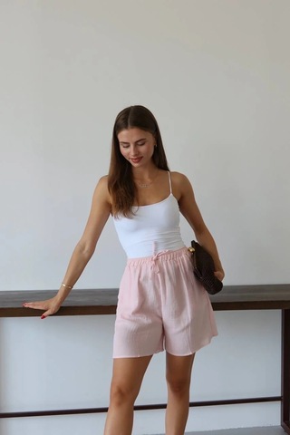 Kazax Müslin Kumaş Şort Bağcıklı Pembe Pt Pembe