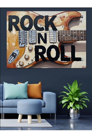 Rock And Roll Yazılı Elektrogitar İllüstrasyonu Dekoratif Kanvas - Mdf Ahşap Tablo