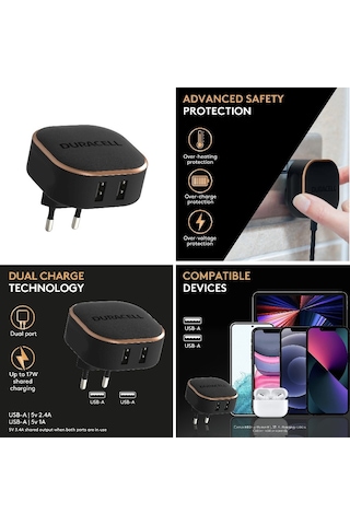 Duracell 17W 2XUSB Telefon/Tablet Şarj Cihazı Siyah