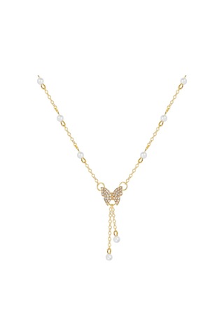 Girift Vintage Shine Kelebek Ve Inci Detaylı Zincir Kolye Gold