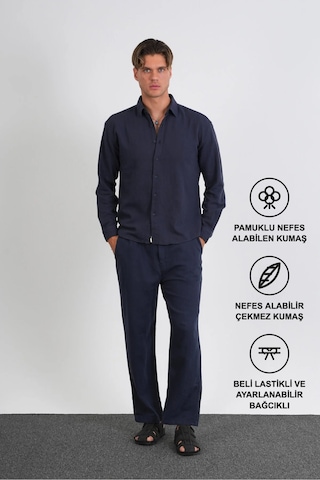 Flare Kışlık Baggy Pantolon Oversize Gömlek Alt Üst Takım %100 Pamuk Lacivert