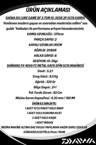 Daiwa Rx Lure Bf 270cm 10-35gr Shimano Fx 4000 8 Örgü Spin Olta Seti Standart
